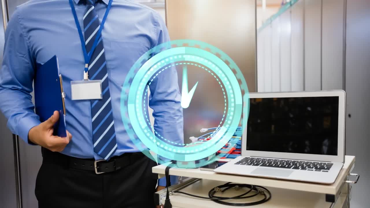 Animation of clock moving over biracial male worker inspecting server room