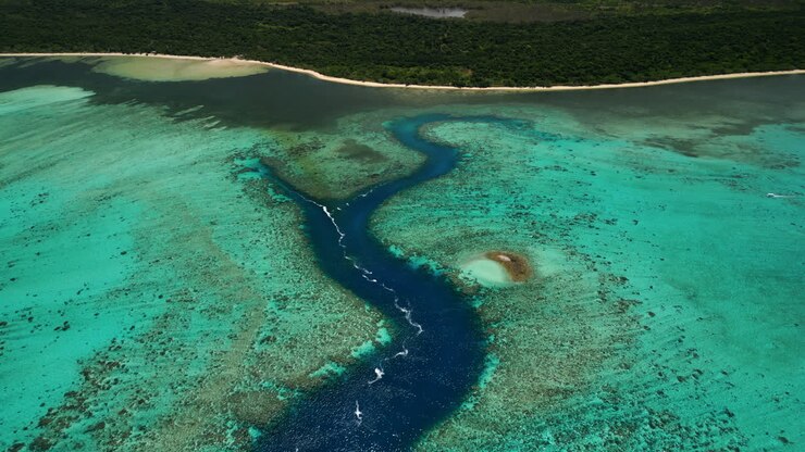 Vista aerea sulla spiaggia di Poé, Faglia dello Squalo a Grande Terre, Nuova Caledonia