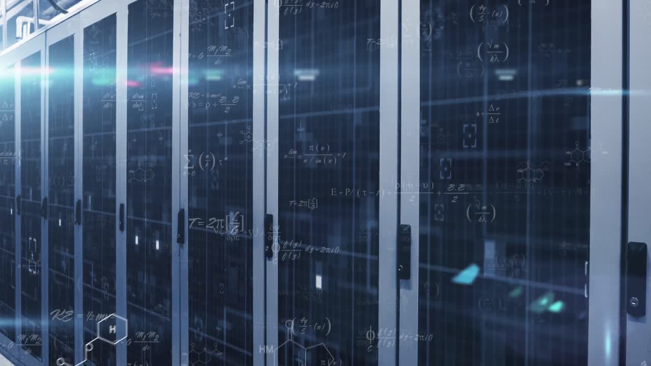 animación de ecuaciones matemáticas y punto de luz contra la sala del servidor de computadora
