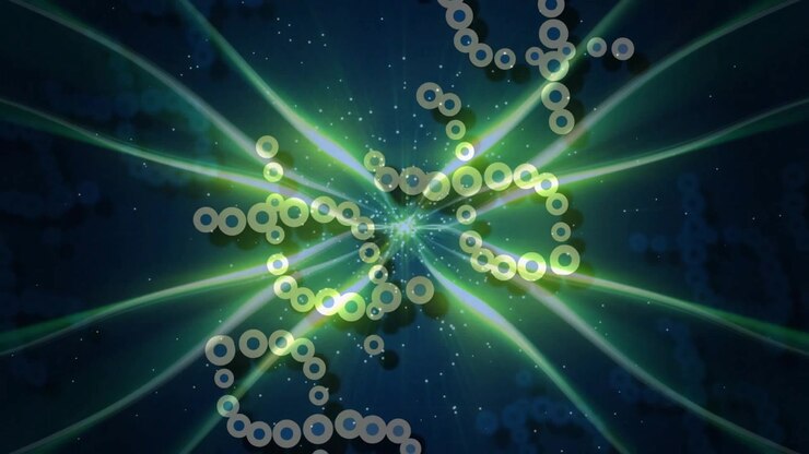 Pulsing central core emitting green ribbon beams and spiraling ring chains, showing outward energy