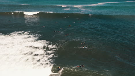 aerial drone shot of people surfing and trying to catch waves