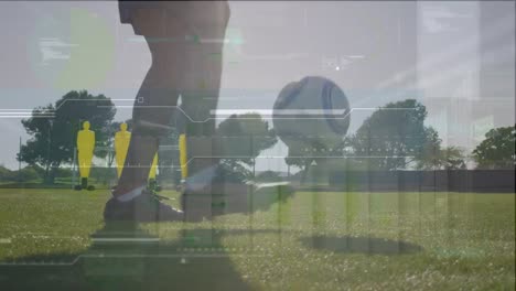 Animation-Von-Grafiken-Und-Finanzdaten-über-Den-Beinen-Verschiedener-Männlicher-Fußballspieler-Beim-Training