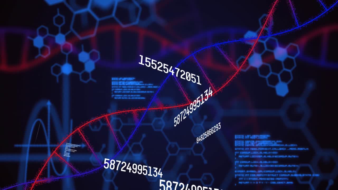 dna 가닥과 숫자에 대한 데이터 처리의 애니메이션