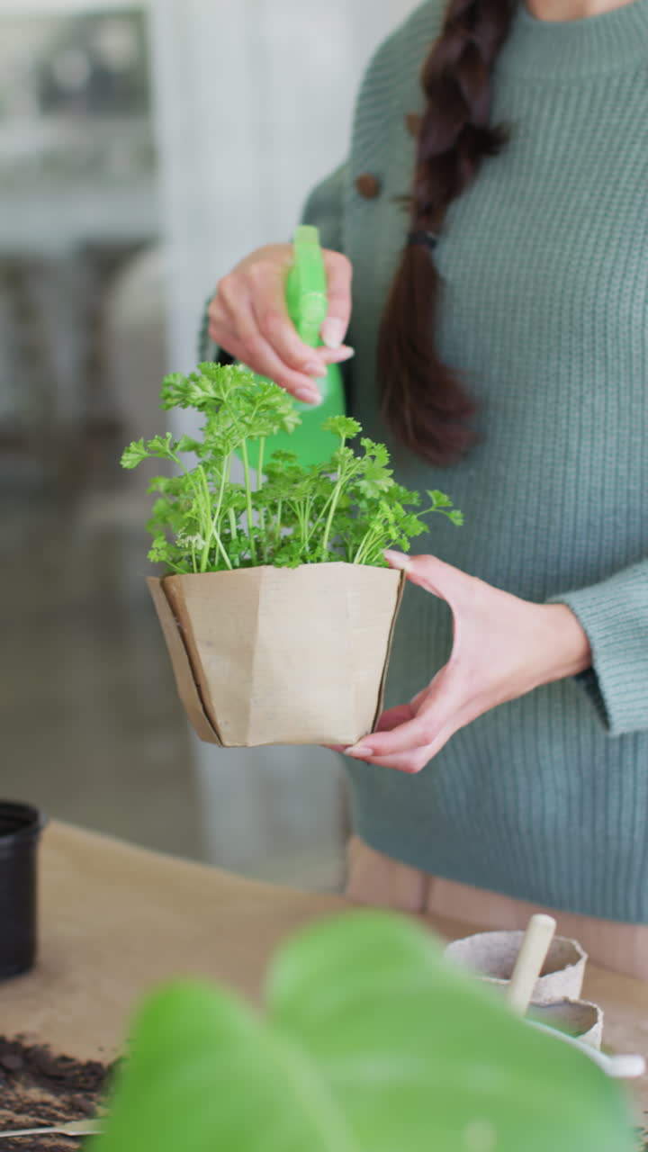 Vertical video of happy caucasian woman watering her plants of herbs