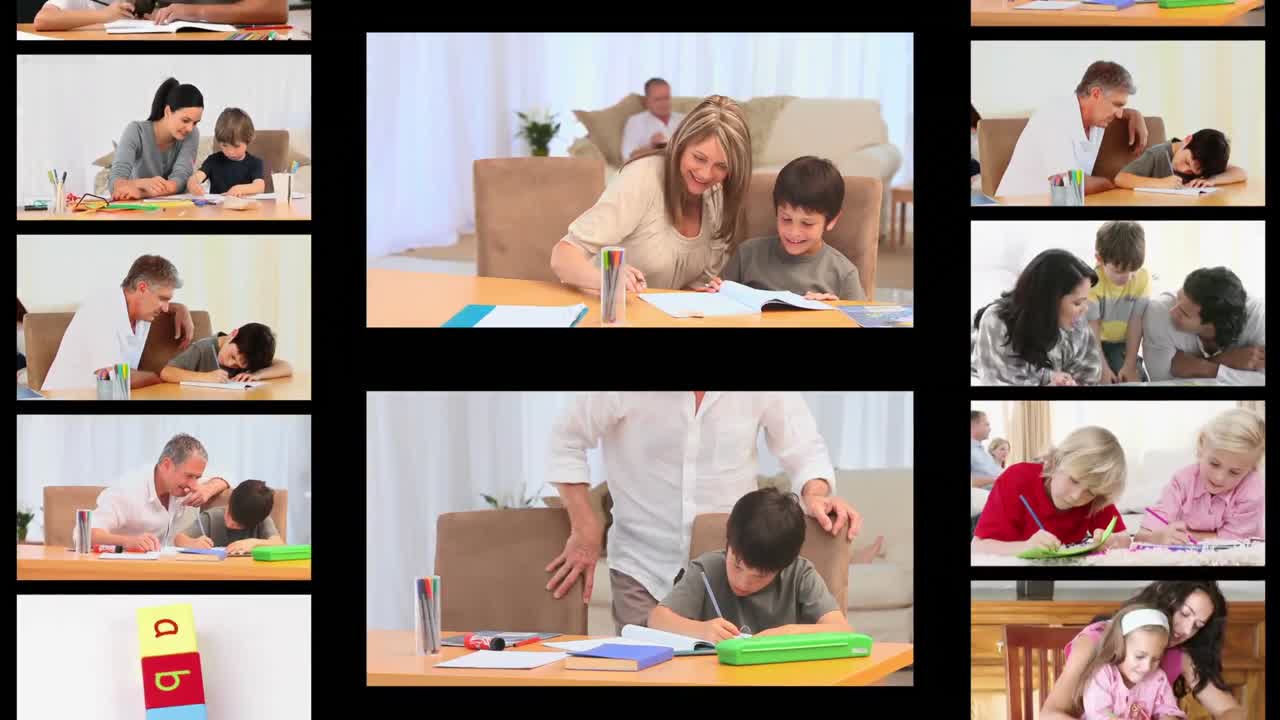 montaje de familias haciendo tareas