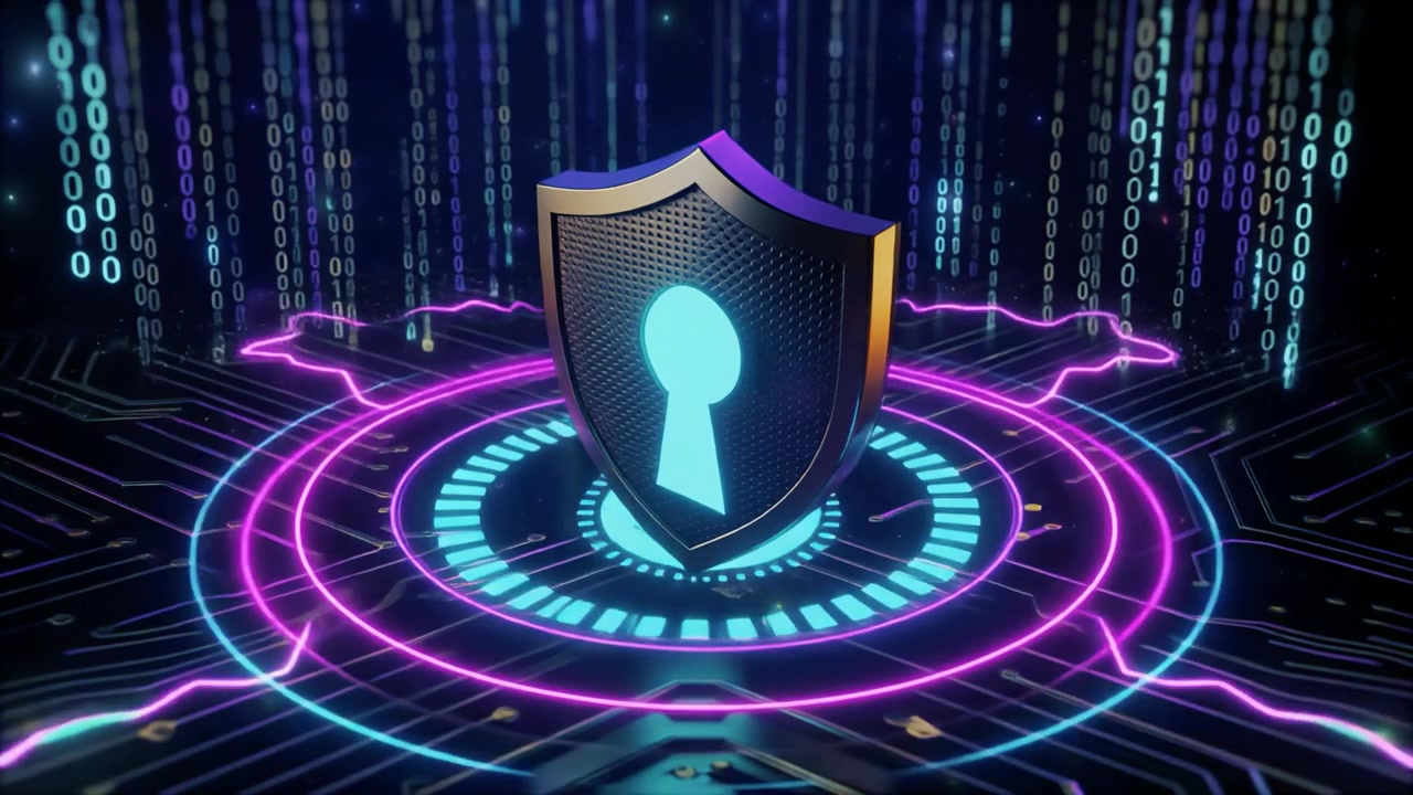 Digital Security Shield with Glowing Binary Code and Circuitry