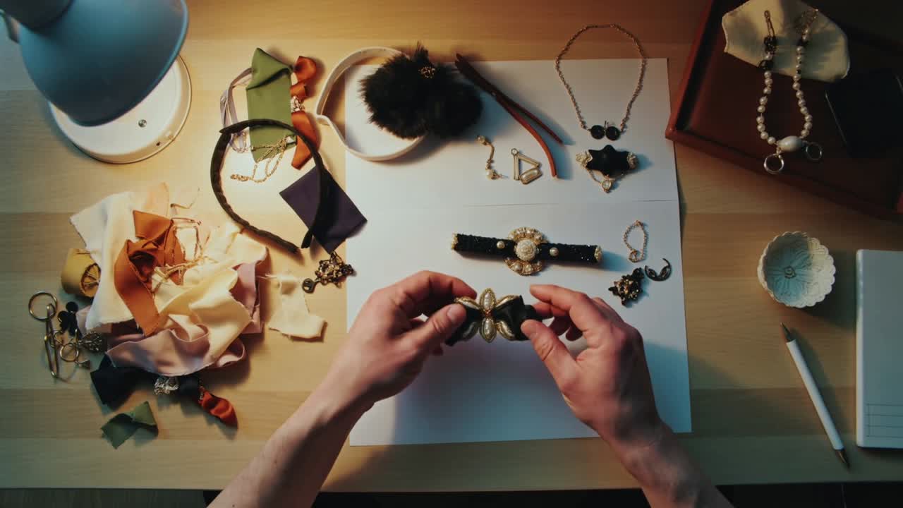 Mani che sistemano un braccialetto di perle su un telo bianco su una scrivania da lavoro, preparando il layout.