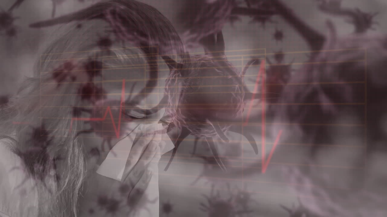 코를  ⁇ 는 여성과 코로나19가 배경으로 퍼지고 있습니다.