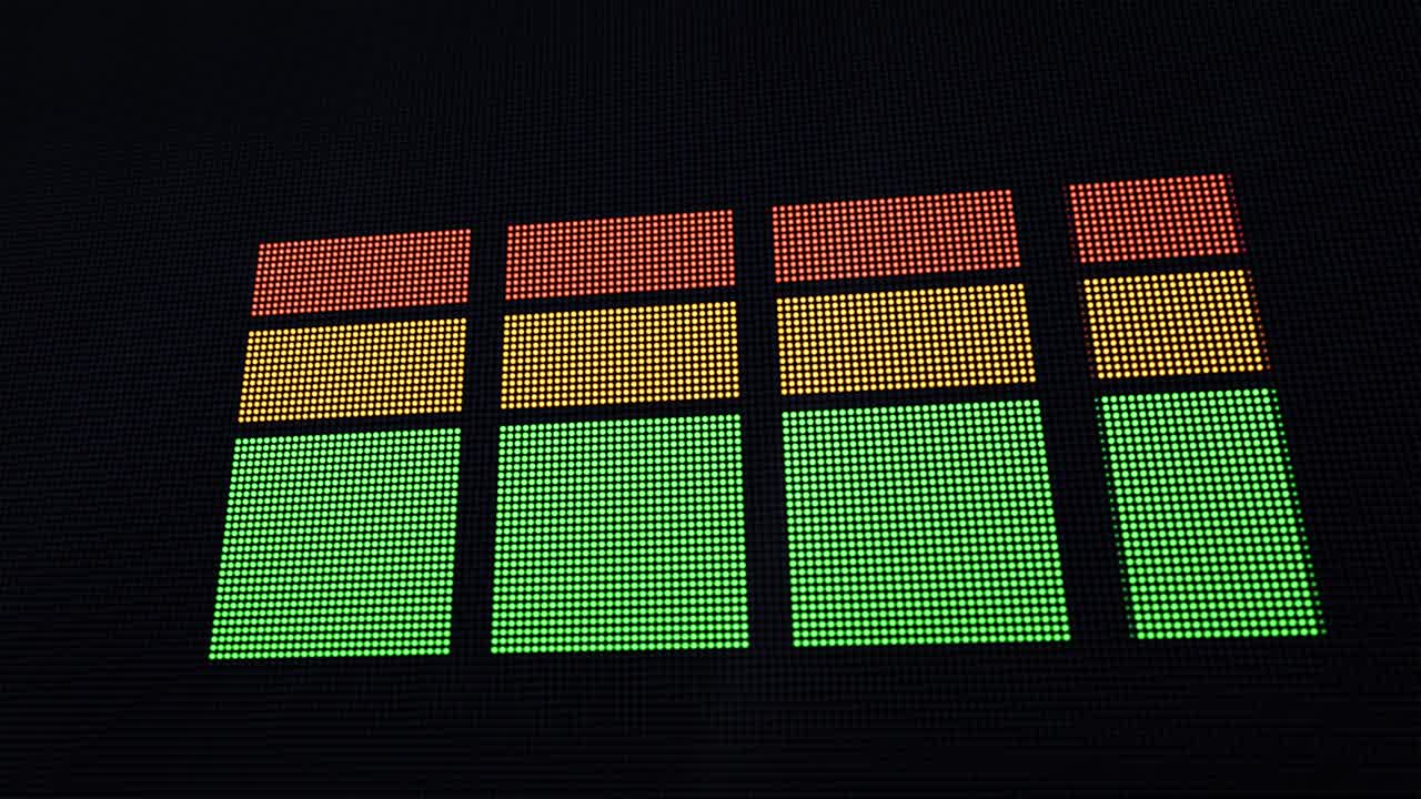 pantalla led 3d animada de barras de nivel de volumen verticales que se mueven hacia arriba y hacia abajo con dof y la cámara se aleja rápidamente de cerca de la pantalla para traerla en cuadro completo