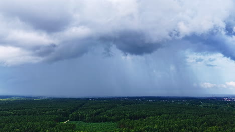 grey clouds and incoming weather front cover landscape in moody late afternoon lighting, aerial establishing tracking right