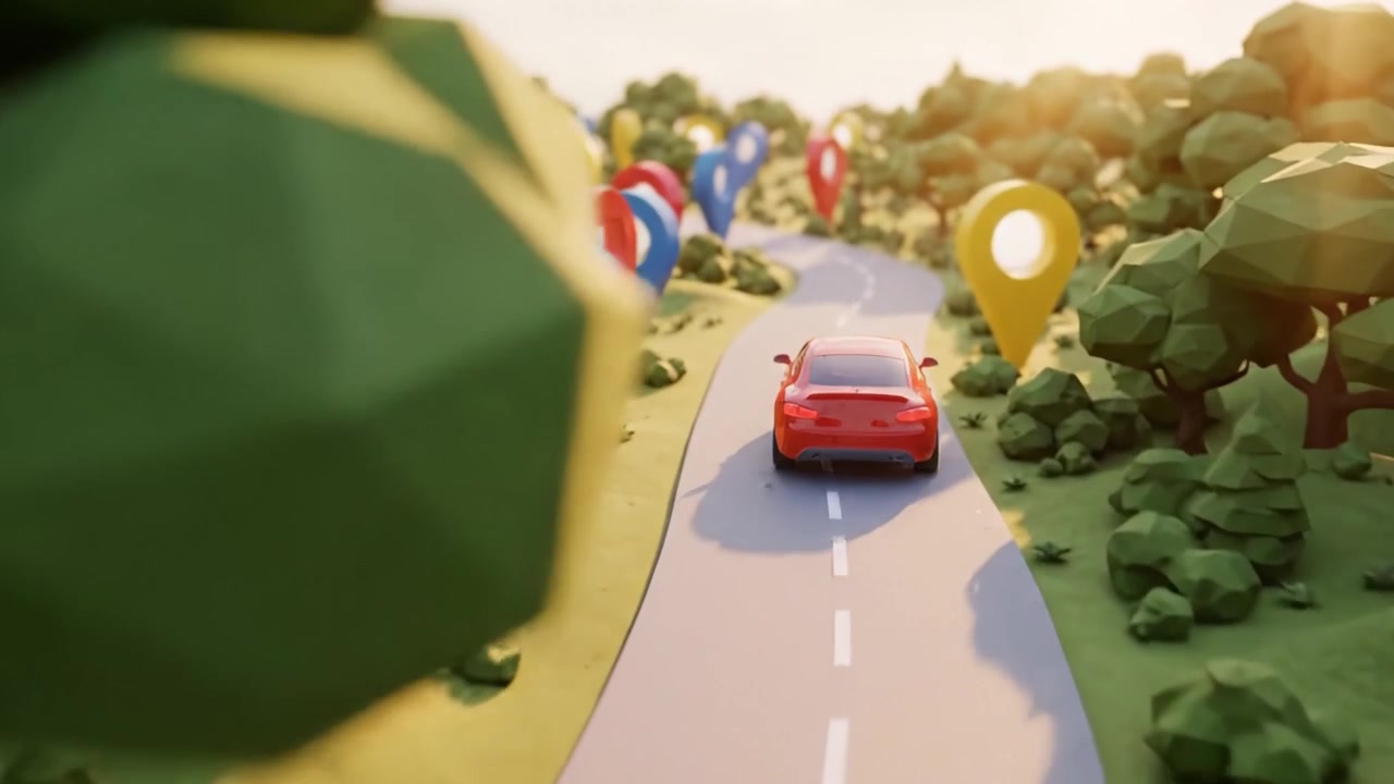 Un viaggio vibrante attraverso un paesaggio low-poly che mostra colorati segnaposto lungo una strada tortuosa e una vegetazione lussureggiante in uno stile stravagante.