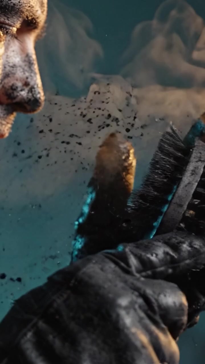 Intense Close-Up of a Person Scrubbing with a Brush, Covered in Dark Grime, Surrounded by Smoke and Capturing a Moment of Focus and Determination