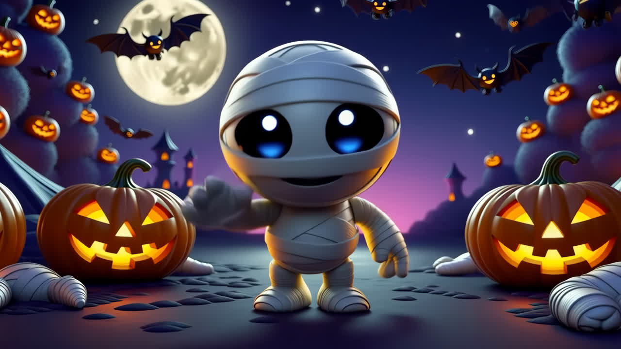 Cute Mummy Halloween Night with Jack-o'-Lanterns