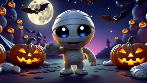cute mummy halloween night with jack-o'-lanterns
