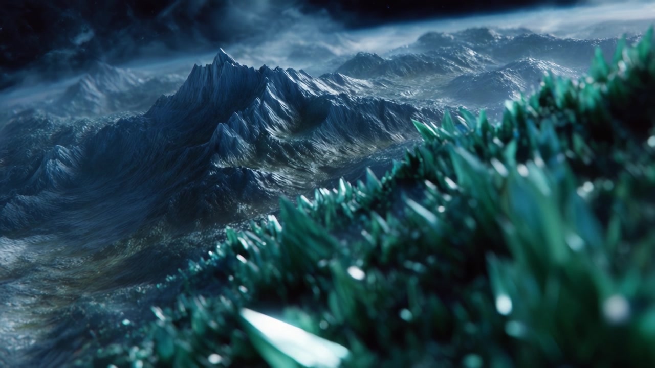 Breathtaking alien landscape featuring towering mountains and vibrant crystal formations, illuminated by an ethereal glow in a distant extraterrestrial world.