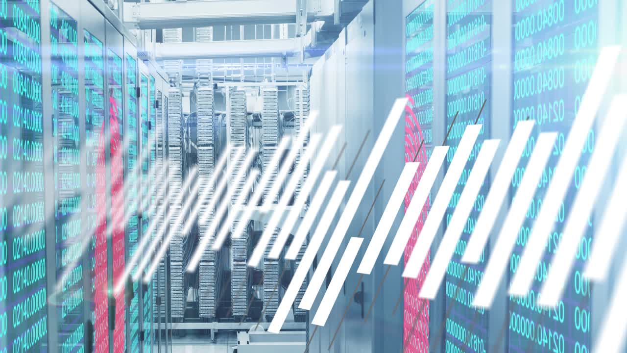 Central server aisle animated with angled white bars sweeping right on data spike showing load