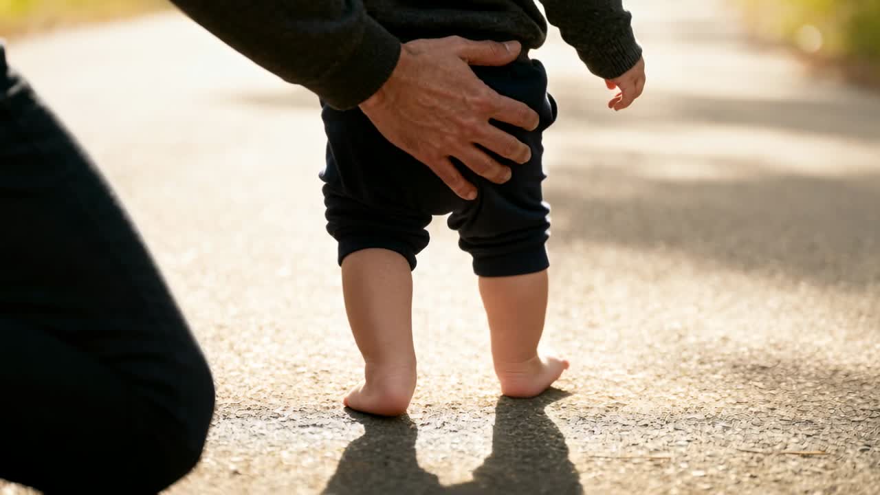 Pflegekraft legt Hand an, stützt barfüßiges Baby, das Schritte auf sonnigem Weg macht und ihm Halt gibt.