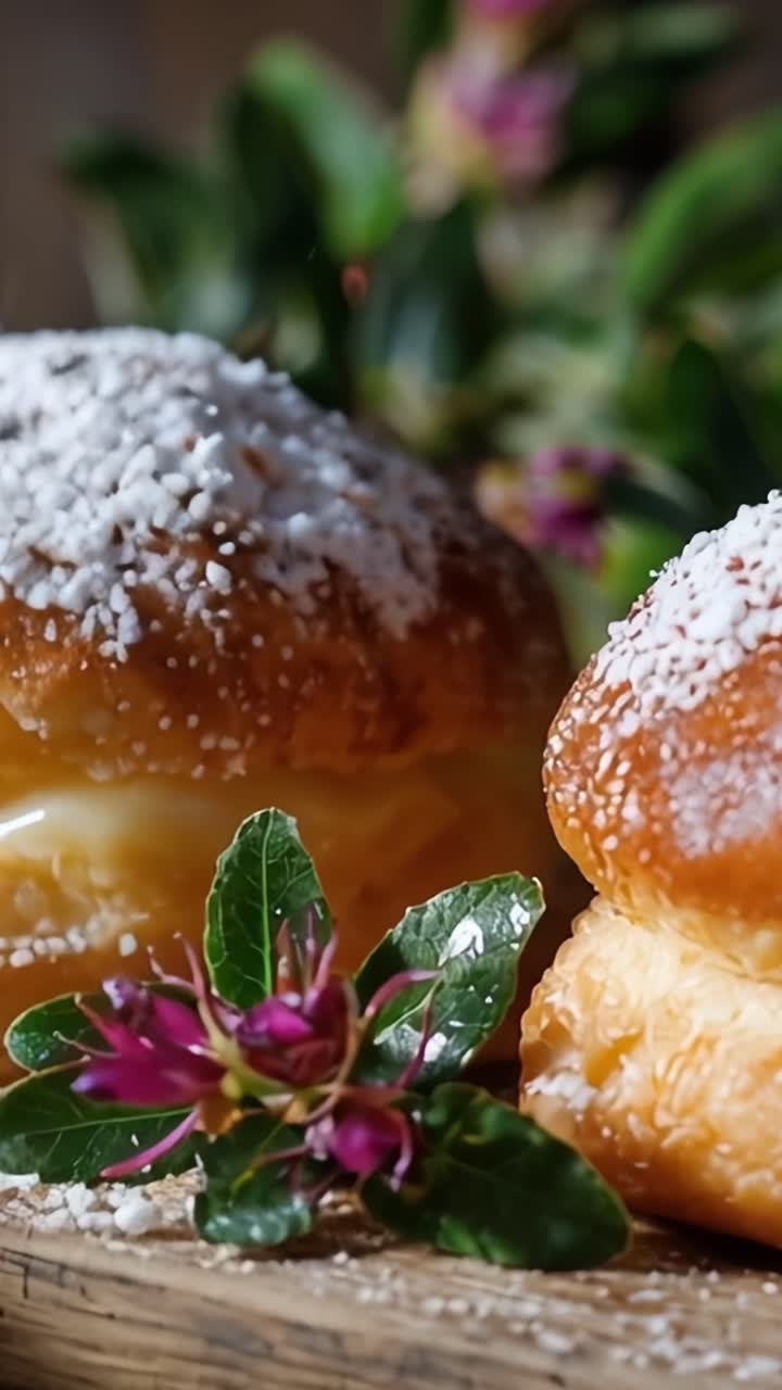 Deliciously Fluffy Pastries Topped with Powdered Sugar and Surrounded by Green Foliage and Purple Flowers, Perfect for Any Dessert Lover's Delight