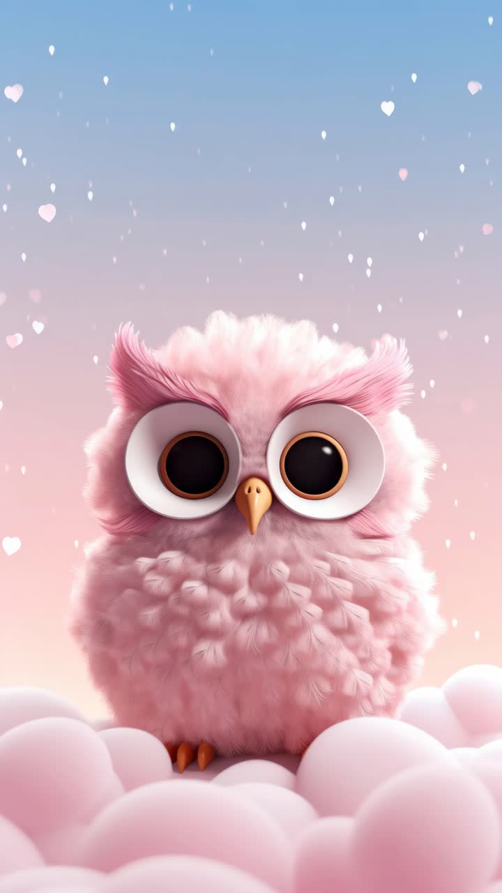 A whimsical, fluffy pink owl with closed eyes sits on clouds. Captured from a low angle, this dreamy
