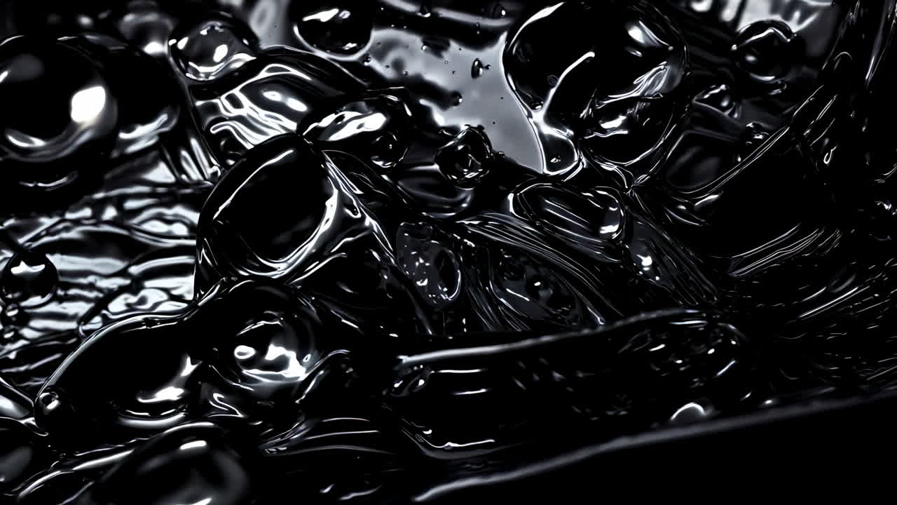 Dynamic Black Liquid Movement Captured in Close-Up During Daytime. Fluid motion of dark liquid flows and splashes under natural light, showcasing captivating textures and patterns.