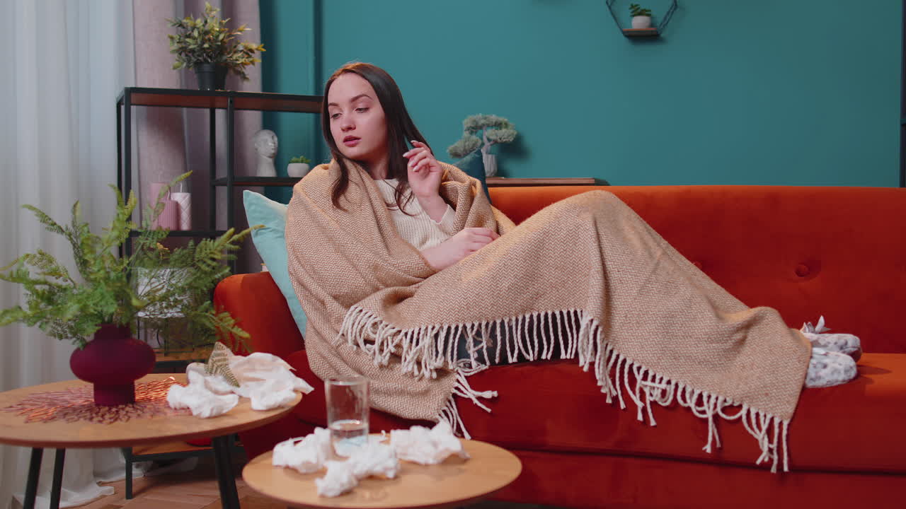 젊은 여성이 집에서 전자 온도계로 체온을 측정하면서 병을 고 있습니다.