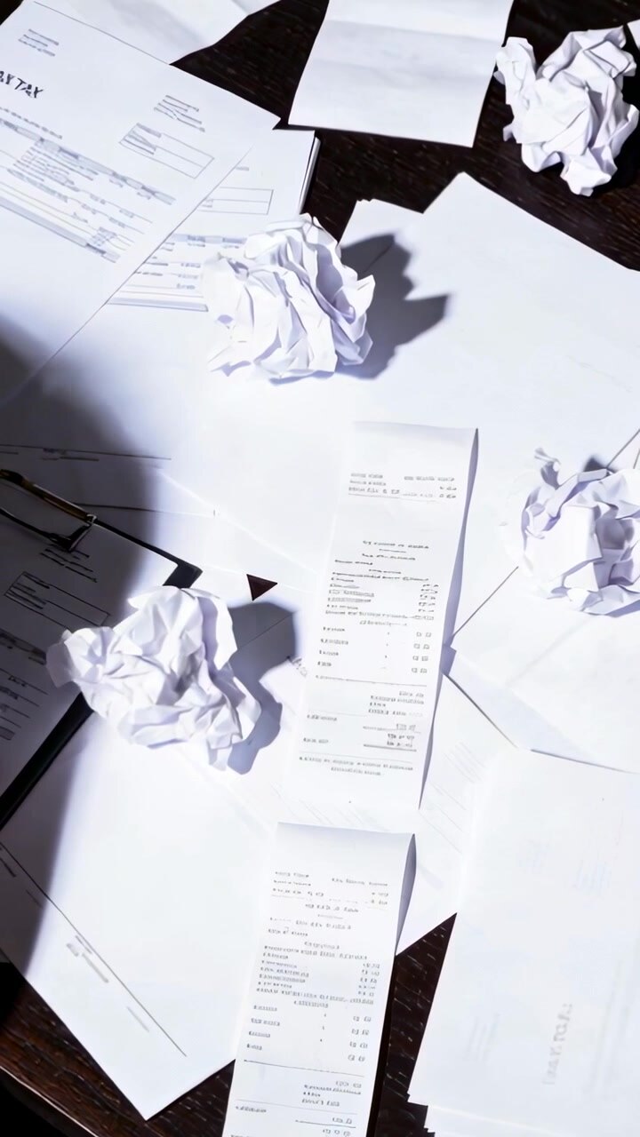 Vertical video: Entering from left, hands flattening scattered papers on wood table, with receipt