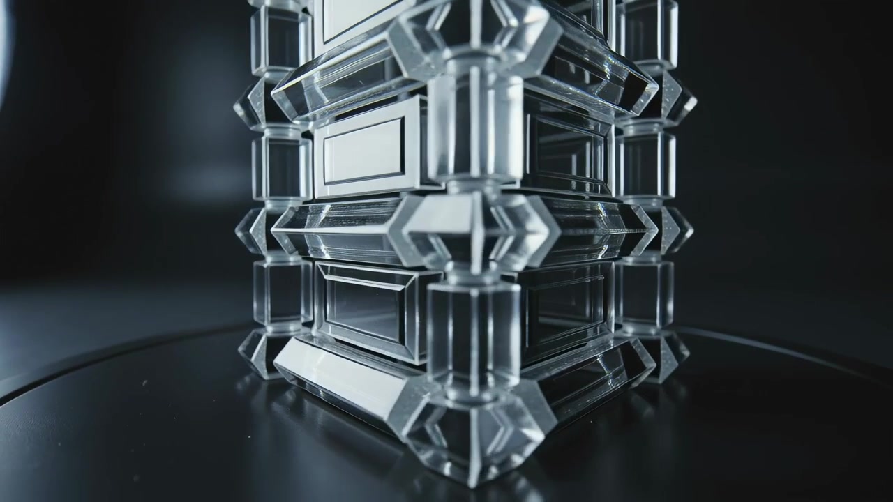 Rotating turntable revealing glass modular tower in studio, showing interior passages for display
