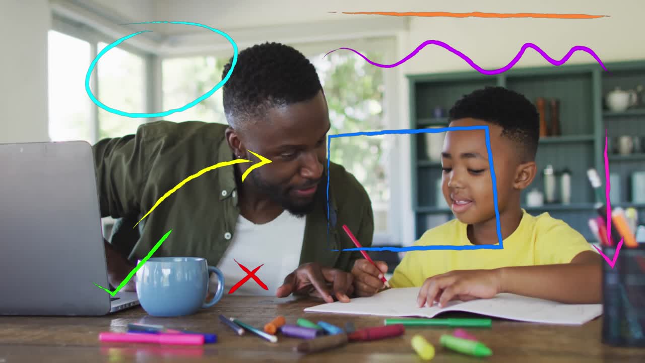 Animation of shapes and arrows over happy african american father and son with laptop and homework