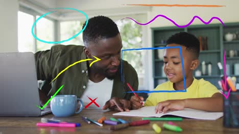 Animation-of-shapes-and-arrows-over-happy-african-american-father-and-son-with-laptop-and-homework