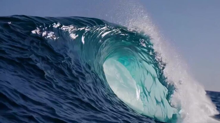 Powerful Ocean Wave Breaking and Splashing in Clear Blue Water