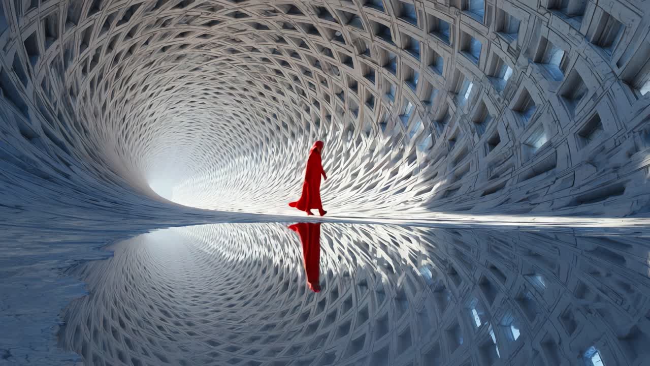 A figure in a striking red cloak gracefully walks through an intricate, spiraling tunnel that reflects light beautifully, merging art and architecture in a mesmerizing visual experience