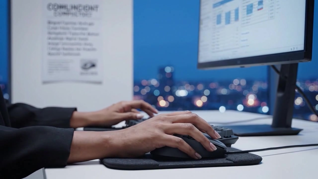 Fokussierte Büroarbeit: Eine Fachkraft benutzt eine Computermaus, während sie Daten auf einem hell beleuchteten Bildschirm vor einer Stadtsilhouette in der Dämmerung analysiert.