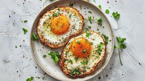 Top-View-of-Two-Fried-Eggs-with-Herbs-on-Plate