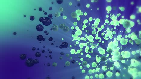 blue & green abstract 3d rendering of chaotic spheres and ball. flying particles in empty space.