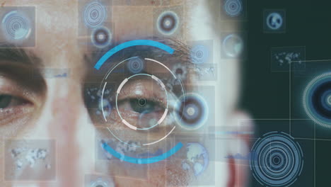 Animation of digital icons and scope scanning over caucasian man