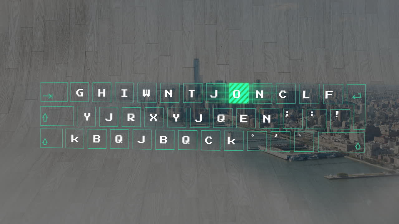 Animation of digital keyboard overlay with letters and symbols over cityscape