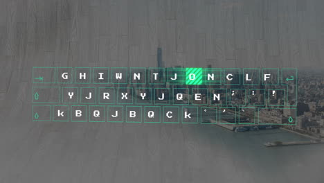 animation of digital keyboard overlay with letters and symbols over cityscape