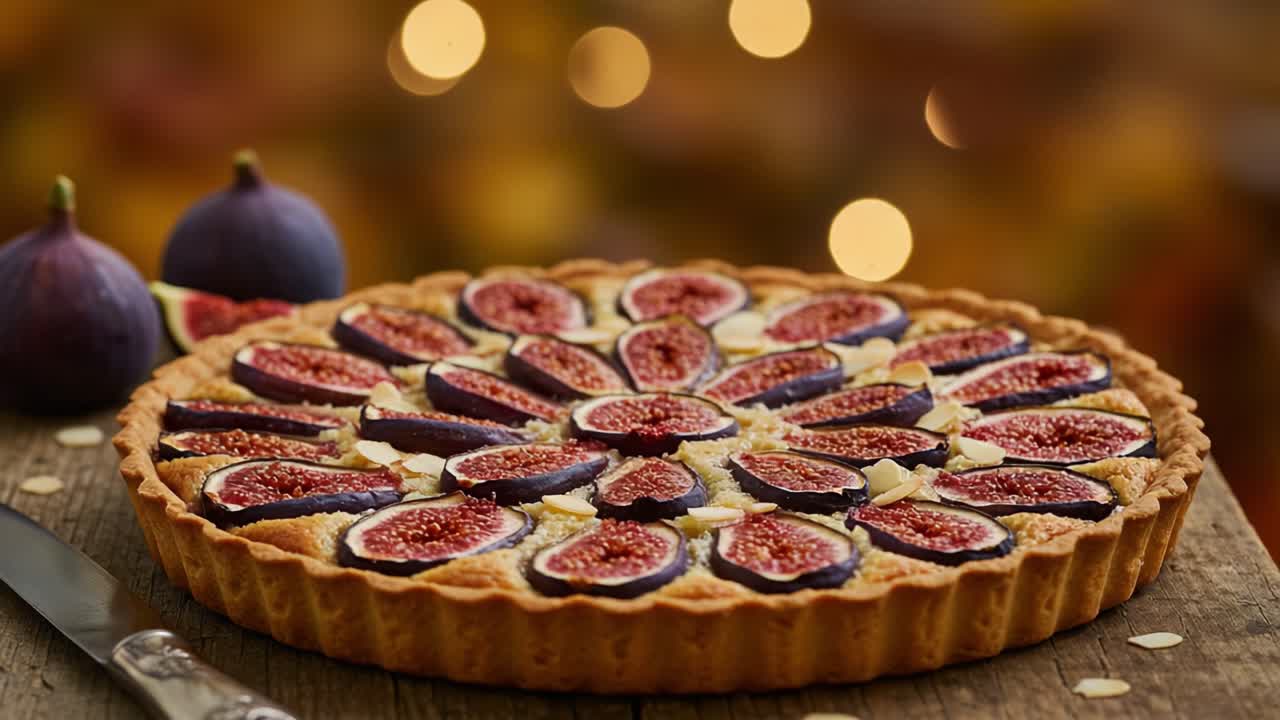 Torta gourmet de figo com amêndoas sobre uma mesa de madeira.