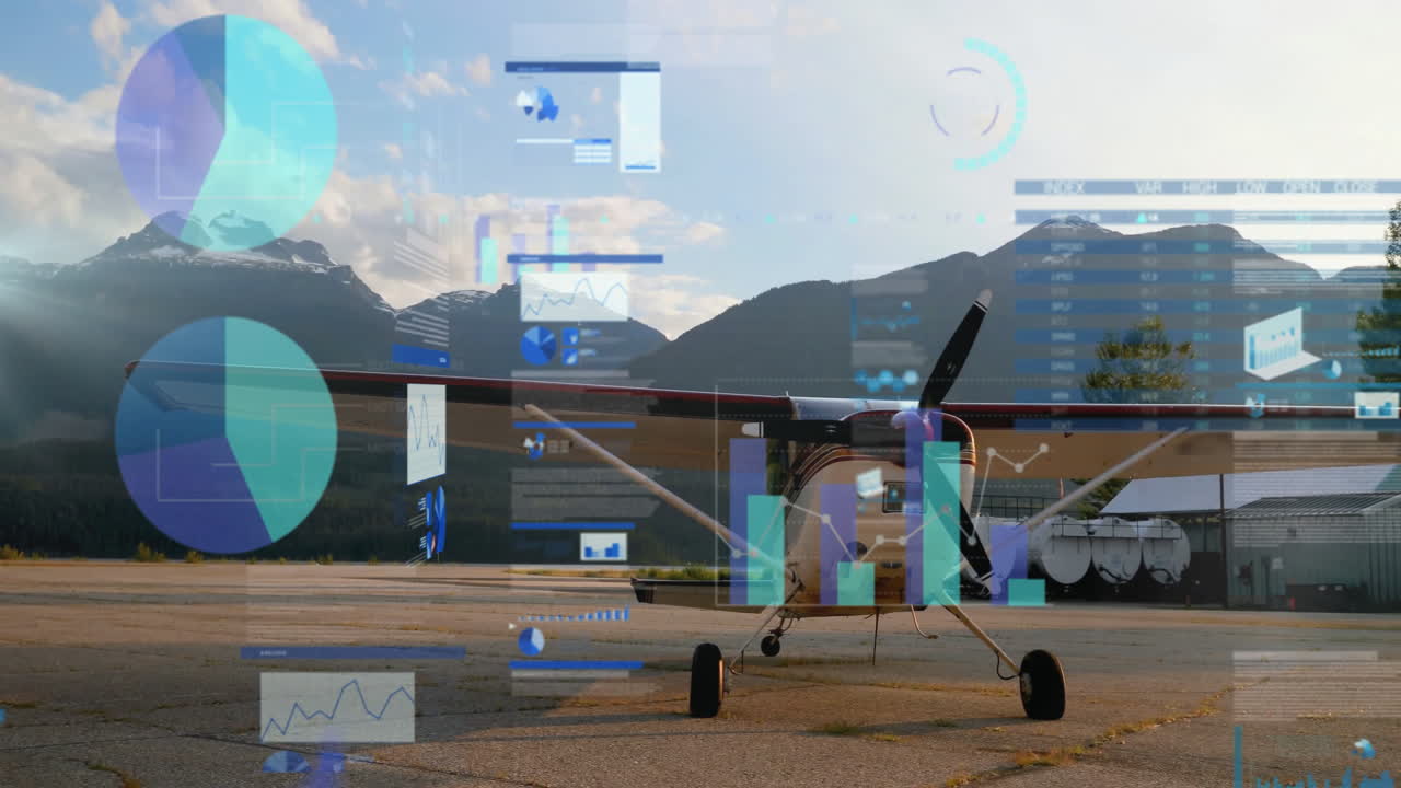 Small airplane on tarmac with data processing animation over mountain landscape