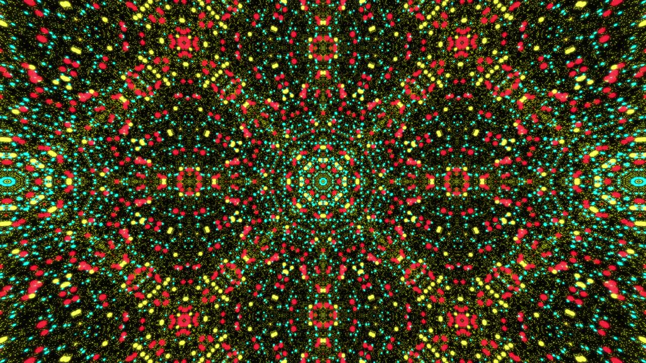 Sfondo caleidoscopico per yoga, meditazione, fitness, club ecc. Animazione astratta in loop continuo di frattale mandala digitale. Concetto di grafica in movimento con griglia di particelle floreali multicolore 4K.
