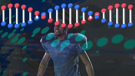 animación de un jugador de rugby afroamericano y una cadena de adn en el procesamiento de datos.