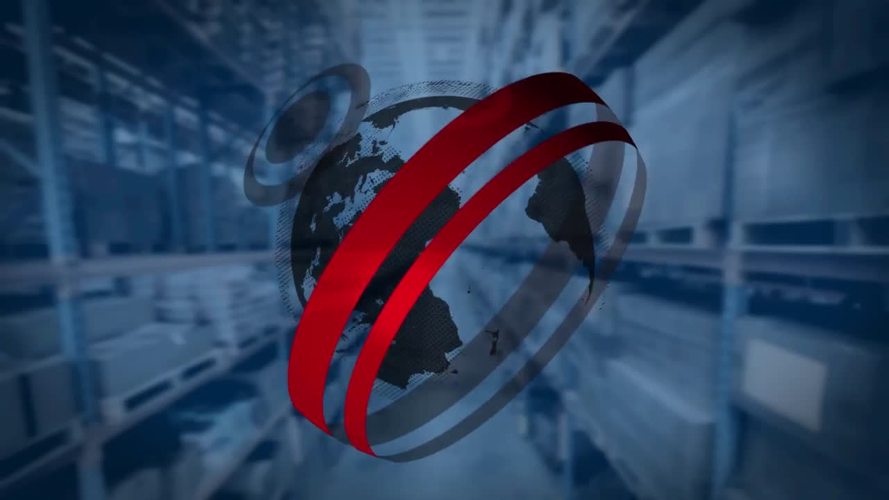 animación digital de escáneres redondos sobre un globo giratorio contra el almacén en el fondo