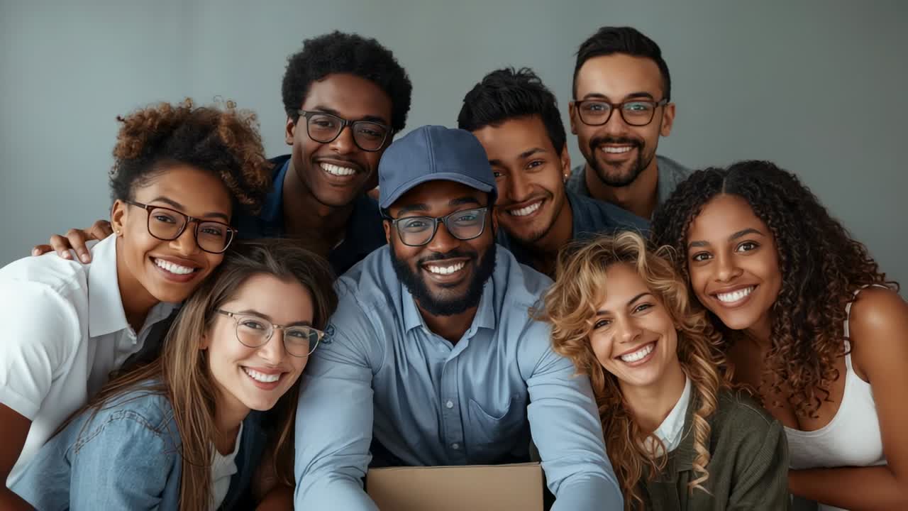 Camera pulling back, seven friends smiling at grey wall, adjusting pose around laptop for portrait