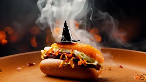 delicious hot dog topped with a halloween witch hat and smoky decorations, perfect for festive holiday food themes