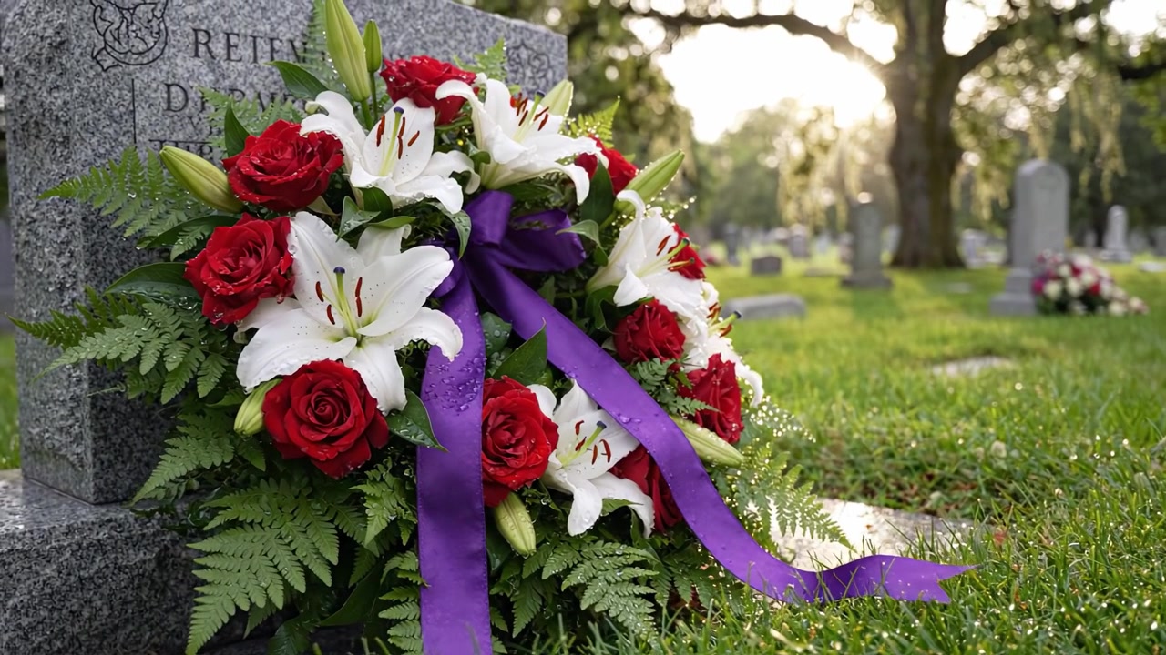 Un bellissimo omaggio floreale: una sentita composizione di rose rosse e gigli bianchi che adorna una tomba, circondata da una vegetazione lussureggiante in un ambiente cimiteriale sereno