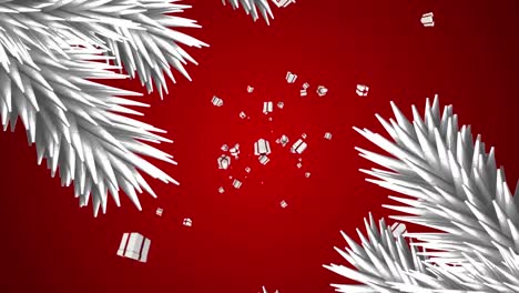 Animation-of-gifts-falling-over-fir-trees-branches-on-red-background