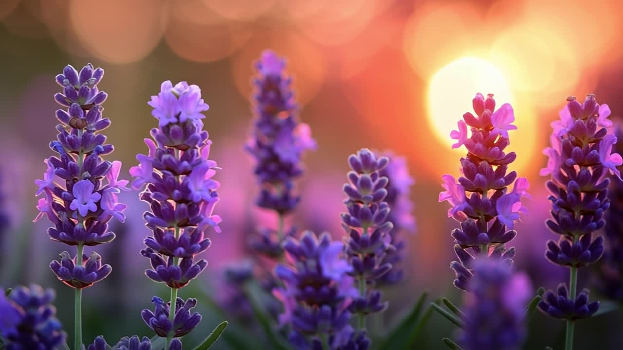 Sunset lavender blooms glow. Lavender blooms vibrantly at sunset, casting a warm glow and enhancing the landscape's beauty.