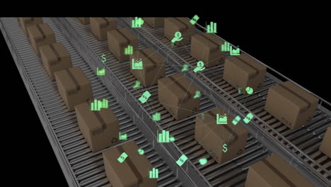 animation of network of connections with digital icons over cardboard boxes on conveyor belts