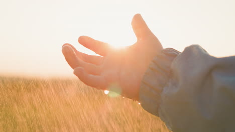 hand outstretched in the rain, bathed in the golden light of the sunset