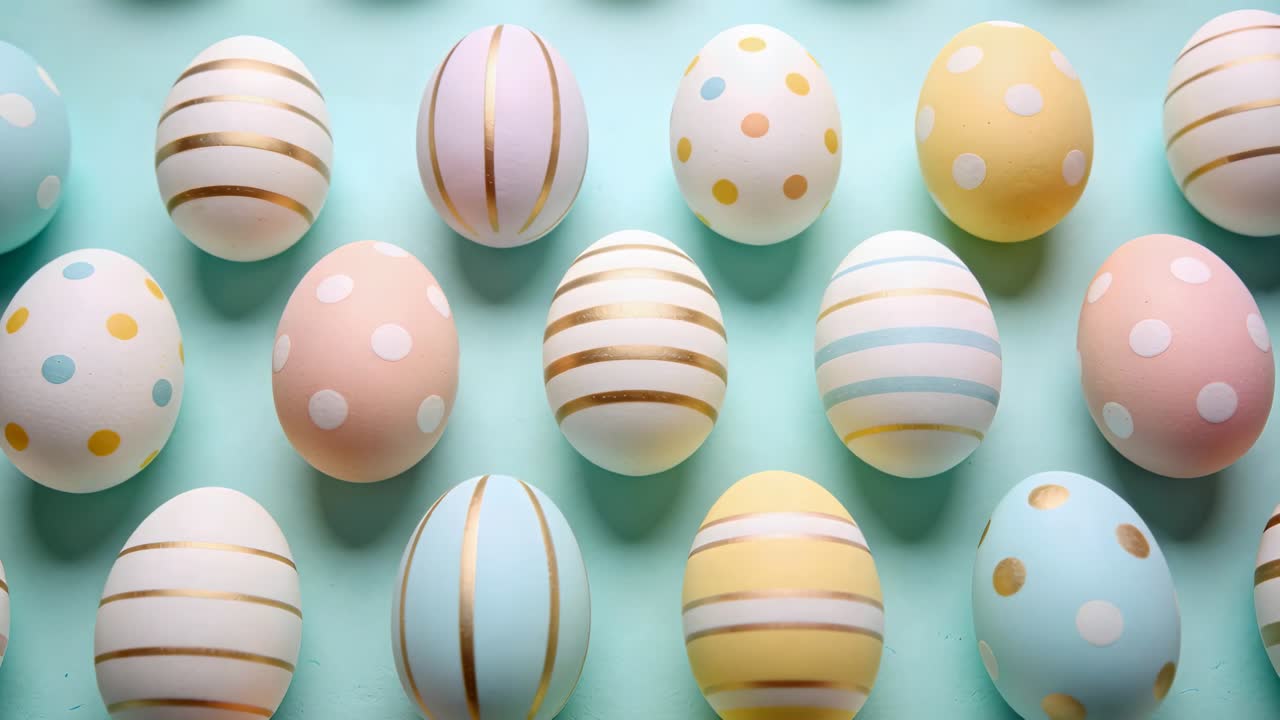 Shifting camera slowly zooming on mint table, showing pastel eggs with gold accents for display